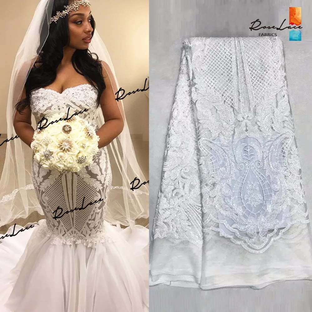 

White Sequins Mesh Tulle Net Lace Fabric Noble Wedding Dress For Bride or Bridesmaid African French Embroidery Sequined Fabrics