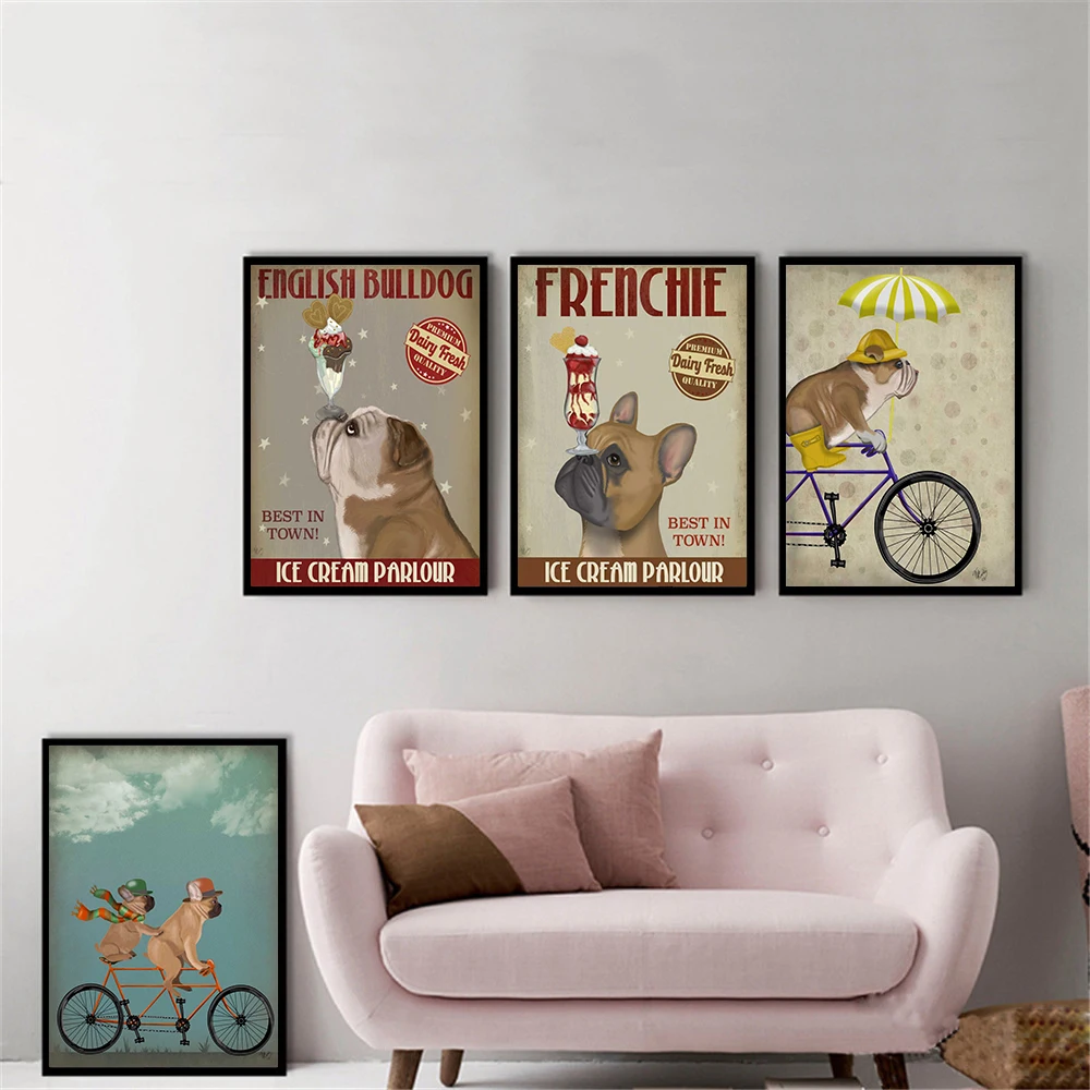 Английский бульдог мороженое Рисунок собаки холст картины для гостиной собаки велосипед стены искусства ретро-плакаты и принты квадраты