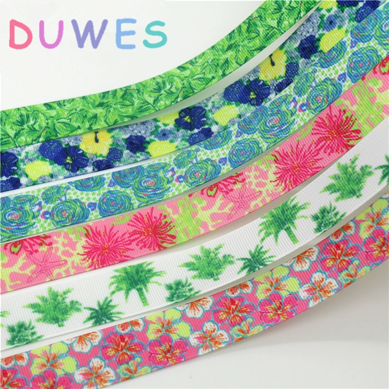 DUWES 50yards flowers tree Printed Grosgrain Ribbon Accessory hairbow headwear decoration DIY D1107