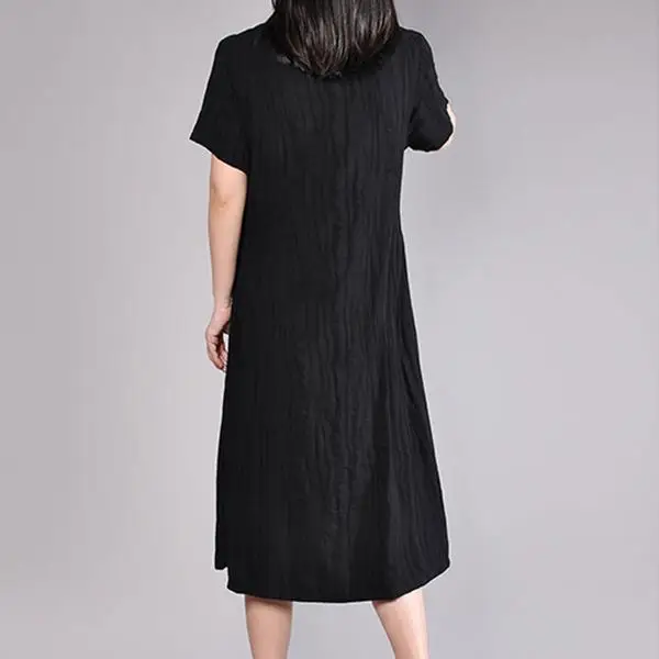 BUYKUD Women Pleated Black Dress Cotton 2018 New Summer Fashion Casual Loose Dresses (2)