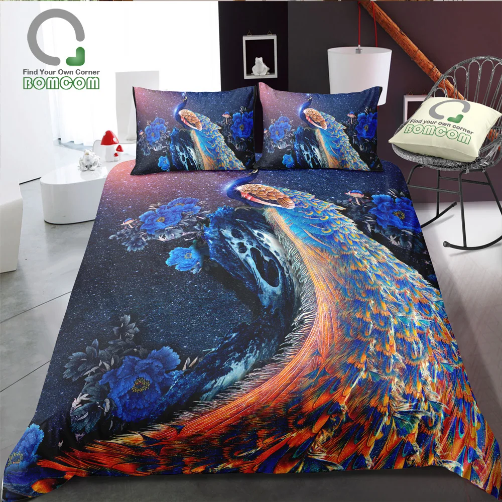 

BOMCOM 3D Digital Printing peacock print duvet cover set peony peacock hand painted drawing Bedding Set 100% Microfiber