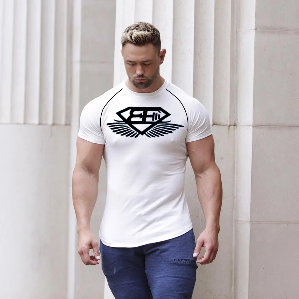 Men's Running T-shirt Cotton Printing Short Sleeve Sports T-shirt Slim Fit Male Clothing Big Size M-2XL