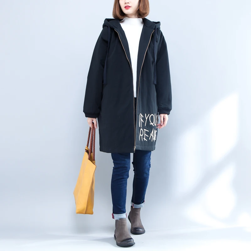 

Large Size Women's Jacket 2019 Winter New Letter Print Loose Wild Hooded Long Parkas Female Thicken Cotton Wadded Jacket LQ472