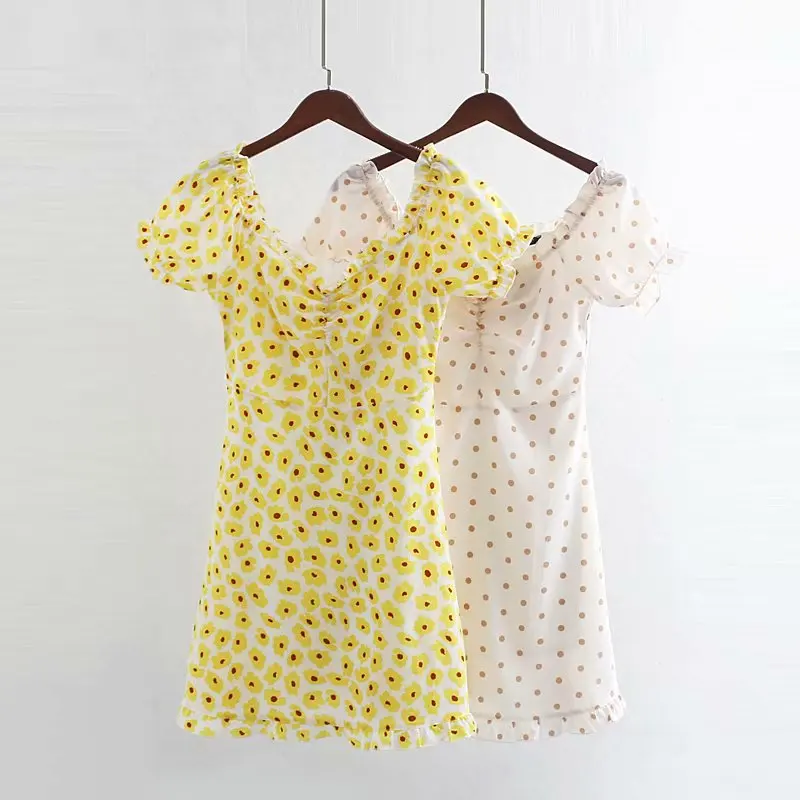 

Women floral print mini dress short puff sleeve female French casual sweet dresses chic summer A line vestidos