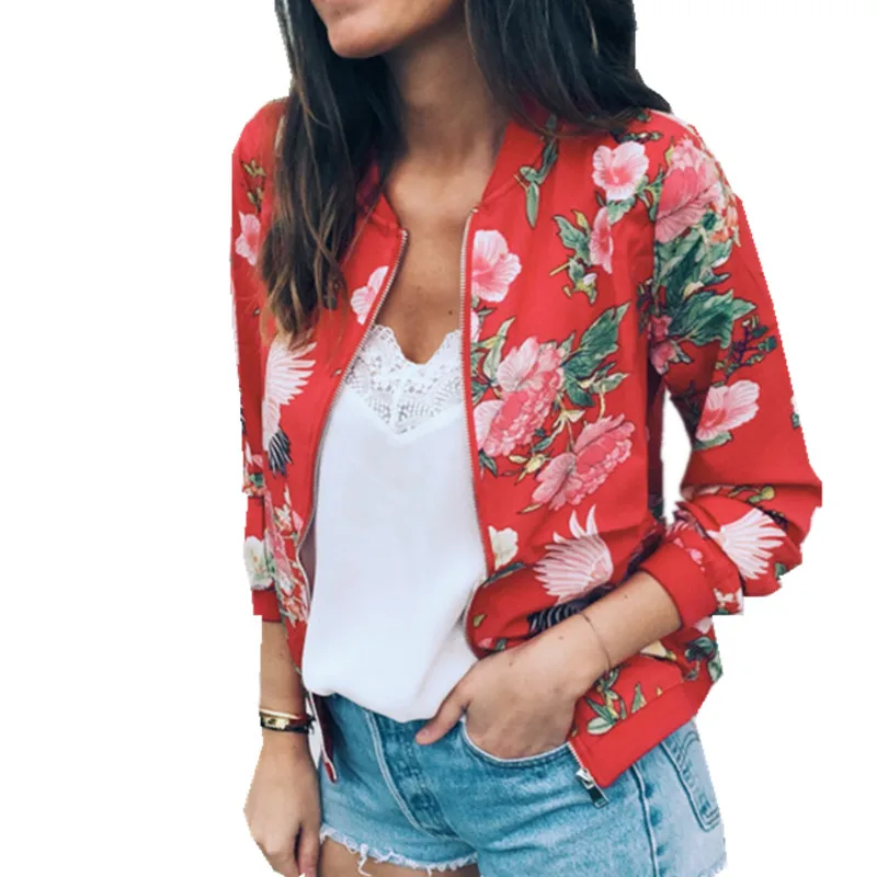LOSSKY Fashion Retro Floral Print Women Coat Casual Zipper Up Bomber Jacket  Ladies Casual Autumn Outwear Coats Women Clothing  