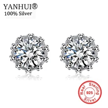 YANHUI,, чистый 925 пробы, серебряные свадебные серьги для женщин, натуральный, Круглый, 6 мм, 1ct, кубический циркон, корона, серьги-гвоздики, E100