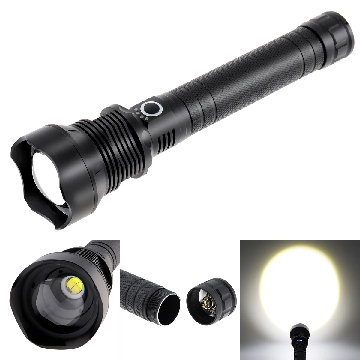 50W Zoom Flashlight 52000 Lumens LED 3 Modes Light Rechargeable Telescopic USB Charging Indicator for Patrolling/ Cave Exploring