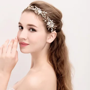 

Rhinestone Beaded Hair Vine Bridal Headband Gold Leaf Crown Tiara Wedding Hair Accessories 2017