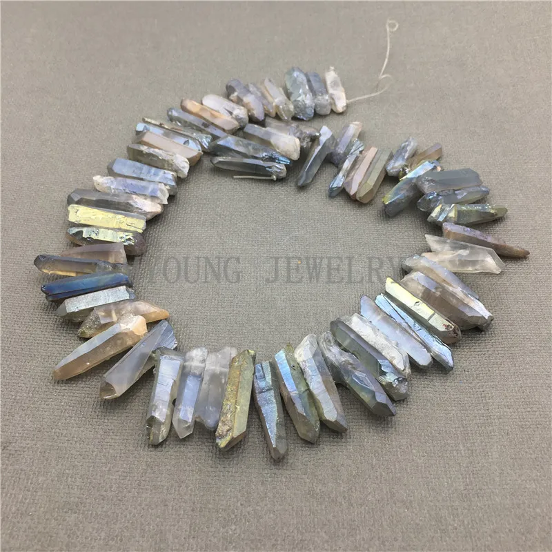 MY0579 Titanium Raw Quartz Point,Rough Quartz Crystal Points,Champagne Spike Stick Point Top Drilled Necklace Beads (2)