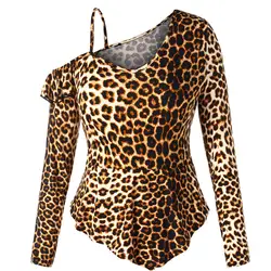 Женский топ с длинным рукавом и леопардовым принтом, с открытыми плечами, с оборками, нерегулярная блузка с открытыми плечами, с