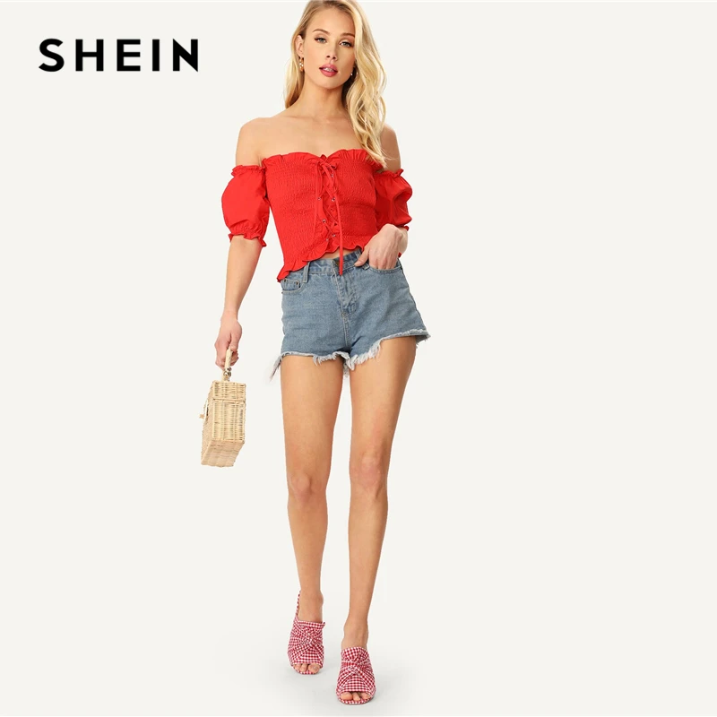 SHEIN Топ С Открытыми Плечами И Шнуровкой Женские Летние Сексуальные Блузки С Коротким Рукавом