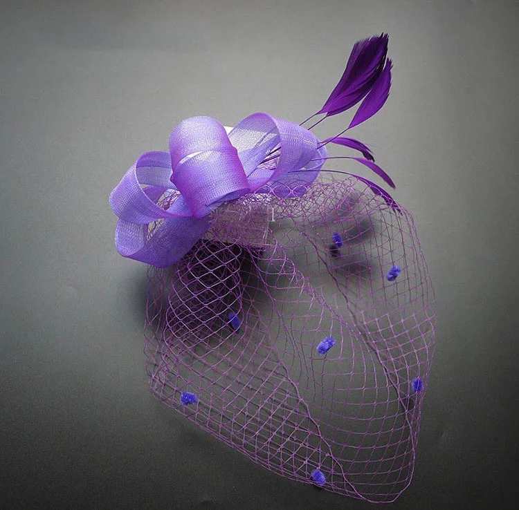 Purple Свадебные шляпки и вуалетки/головной убор/вечерние шляпки/элегантный тюль с пером лук шляпа невесты Клетка вуаль - Цвет: Purple