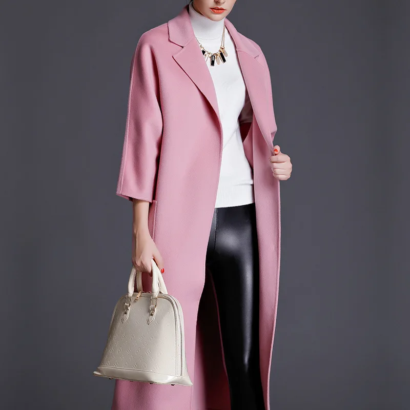 

New Spring Autumn Women's High Fashion Plus Size Belt Turn Down Collar Loose Cashmere Coats Three Quarter Ladies Woolen Blends