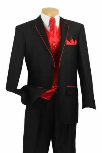 

Custom Made To Measure Men Suit Bespoke Black Tuxedo with Red Edge and Red Vest