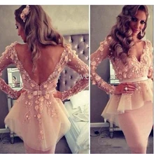 2017 Sexy Sheer V-ausschnitt Cocktailkleid Langarm Organza Meerjungfrau Appliques-spitze Knielangen Mantel Party Kleider Für Frauen