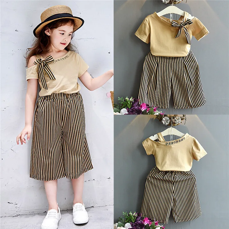 Toddler Kids Baby Girl Bowknot T shirt Tops Striped Loose Pants Clothes Set (4)