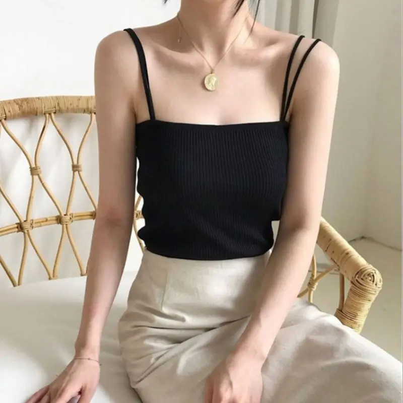 Korean Minimalist Women Sleeveless Ribbed Knit Vest Double Spaghetti Straps Plain Solid Color Camisole Casual Slim Tube Tank Top