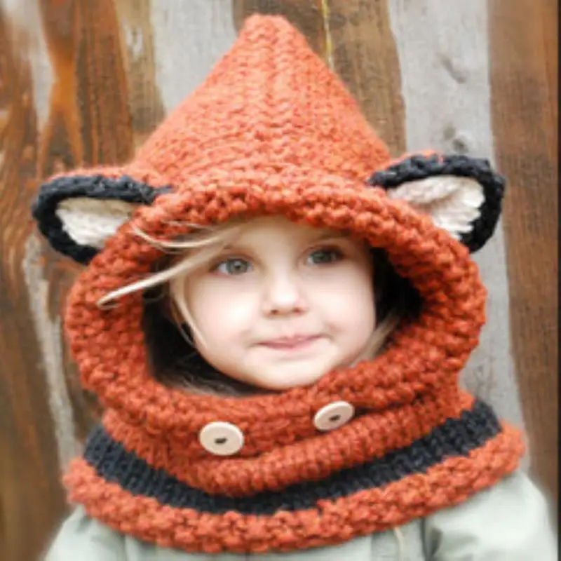 Kids fox hat children's knit wool handmade beanie hat wrap knit bib suit hat new cute scarf caps