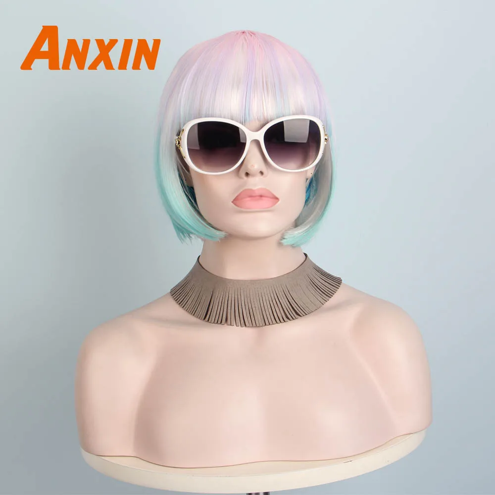 Sintética para Meninas Resistente ao Calor Anxin Doce Ombre Curto Rosa Bob Peruca Cor Festa Anime Cosplay 7 High Quality Apliques e perucas