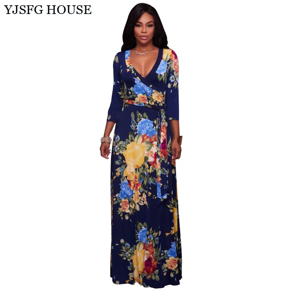 YJSFG HOUSE Vintage Autumn 3/4 Sleeve Long Floral Print Dress Women 2017 Maxi Evening Party Dresses Ladies V-neck Tunic Vestidos long-floral-maxi : image YJSFG HOUSE Vintage Autumn 3/4 Sleeve Long Floral Print Dress Women 2017 Maxi Evening Party Dresses Ladies V-neck Tunic Vestidos long-floral-maxi