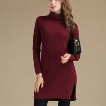 Козий кашемир, женская мода, водолазка, длинный пуловер, свитер, платье с открытым подолом, винно-красный, серый, S-4XL