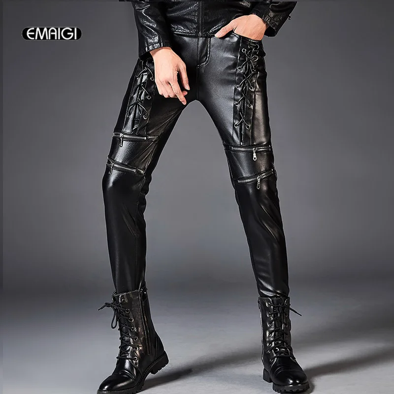 Fashion Mens Black Slim Fit Skinny Rock Trousers Punk pu Leather Pants