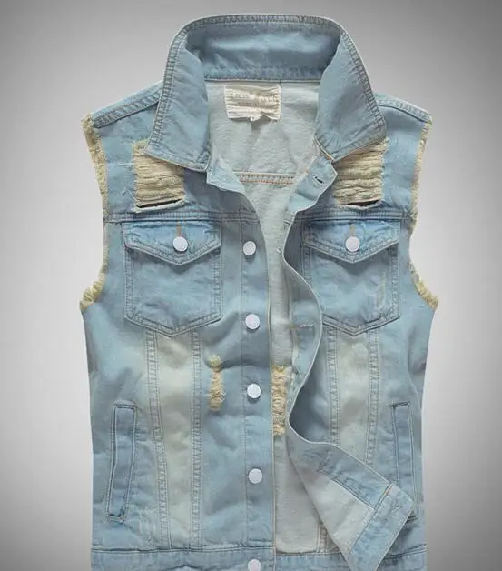 NEW Men's Jeans Vest Sleeveless Jackets Fashion Patch Designs Punk Rock Style Ripped Cowboy 