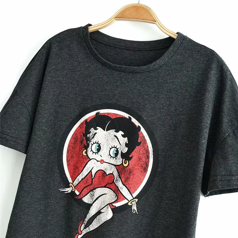 Свободный хлопок Za Betty Boop мультфильм женская футболка с круглым вырезом короткий рукав женские футболки Топ Повседневная Женская забавная футболка