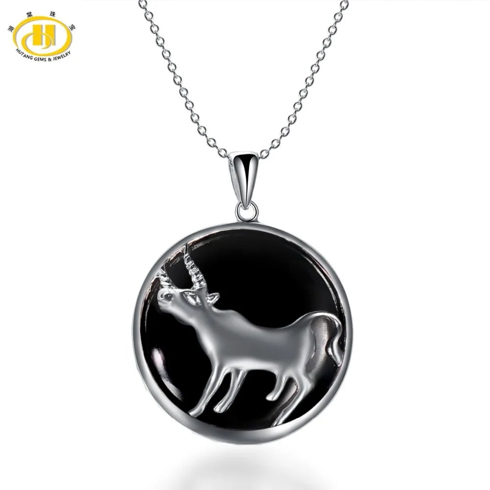 

Hutang Taurus Zodiac Pendant Natural Black Jade 23mm Solid 925 Sterling Silver Necklace Women's Men's Fine Jewelry Birthday Gift