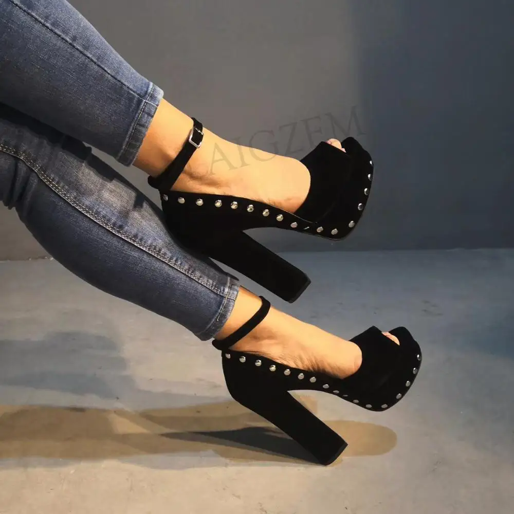 LAIGZEM STYLISH Women Sandals Faux Suede Chunky Sandals Studded Black PARTY Ladies Handmade Shoes for Woman Big Size 34-47 (2)