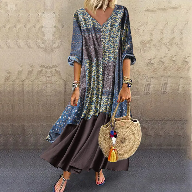 

Women's Plus Size 5XL Autumn Cotton Linen Maxi Dress Fashion Splice V-neck Half Sleeve Dresses Ladies 2019 Summer Long Vestidos