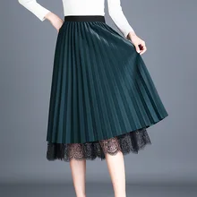 Весна новая Двусторонняя Ношение винтажная плиссированная юбка сетчатая пряжа строчка кружевной край, длинный женский юбки