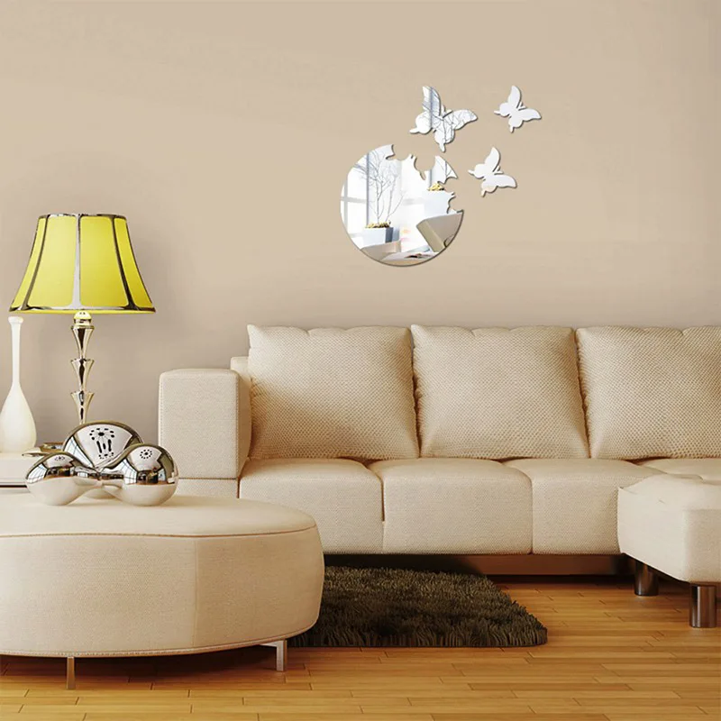 Аксессуары для украшения дома 3D стерео бабочки декоративные зеркальные настенные наклейки декоративные зеркальные часы серебро