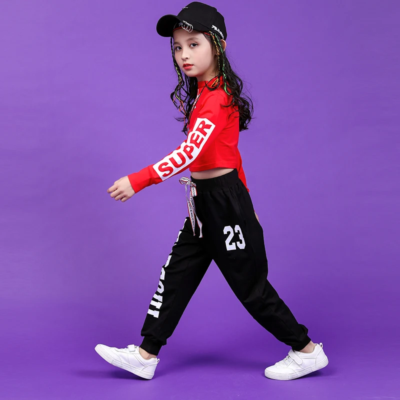 Костюмы для джазовых танцев для девочек; цвет черный, красный; топы с длинными рукавами; штаны для бега; Детский костюм в стиле хип-хоп; детская одежда для уличных танцев