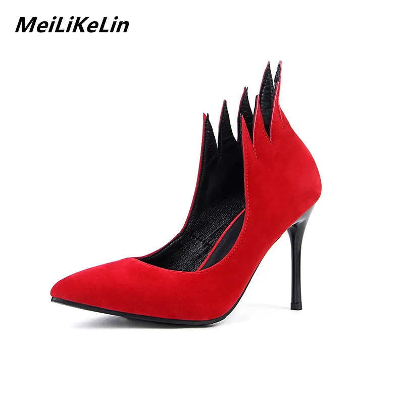 

Quality Flock Female Pumps High Heel Flame Shoes Womens Pumps Red Pointed Toe Stiletto Ladies Weddding Shoes Talon Femme Size 43