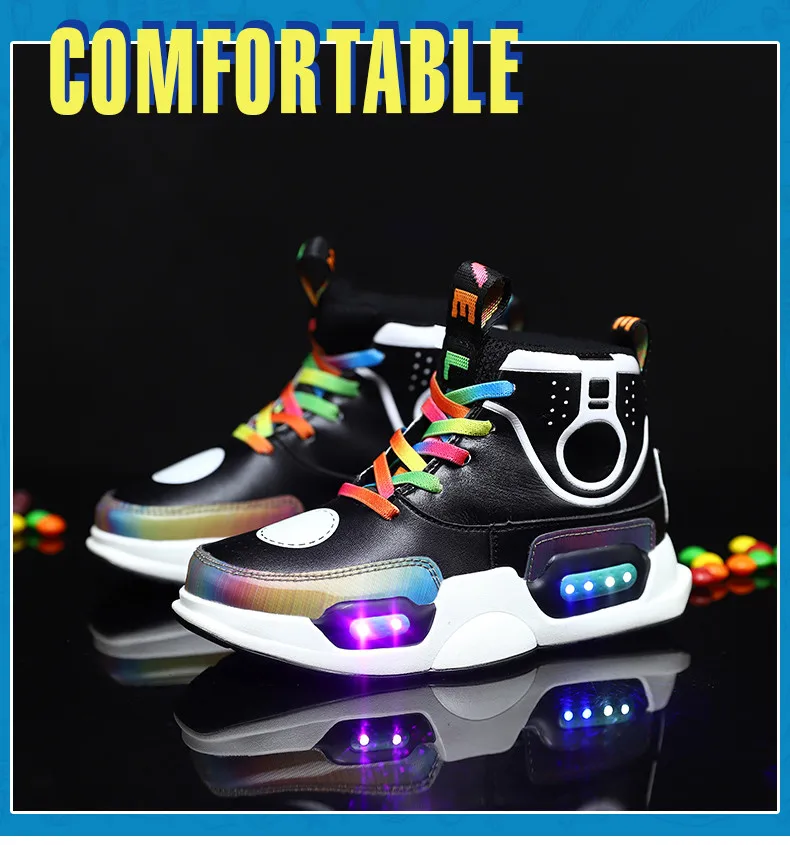 2019 New USB Charging Basket Children Led Shoes Boys With Light Up Casual Kids Shoes Girls Sneakers Glowing Shoes Genuine Leather  (11)