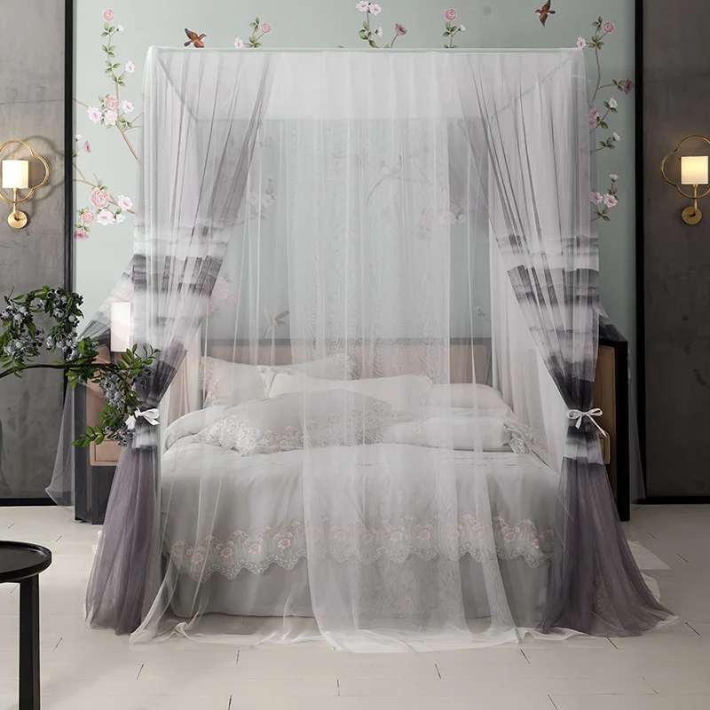 

Gray Mosquito Net Pastoral style Lace Four Corner Post girls Canopy Bed Mosquito Net contain frame for Queen King Bed Drop Shipp