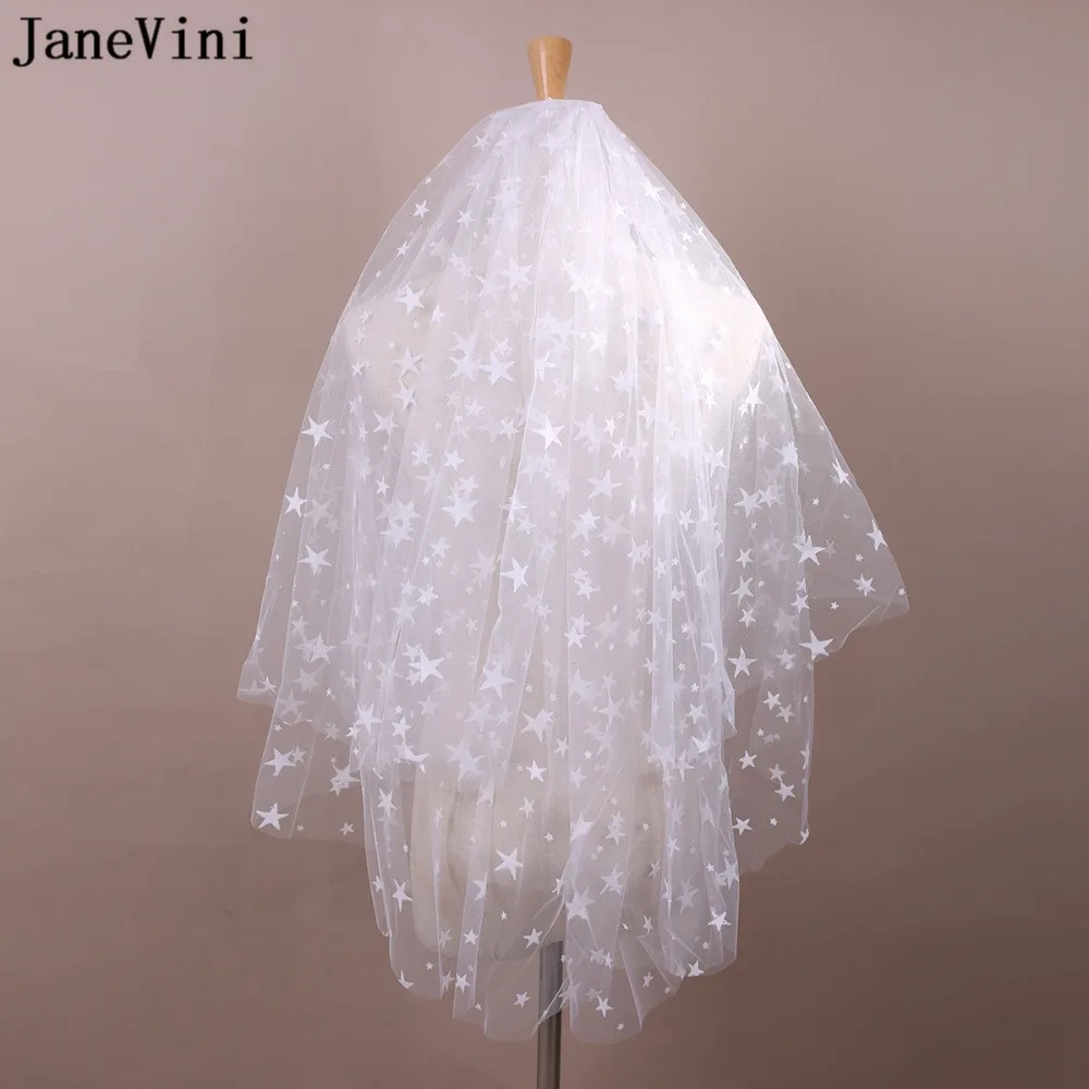 

JaneVini Ivory Short Wedding Veils with Comb Elbow Length Veil Star Pattern Romantic Tulle Two Layer Bridal Veil Bruids Haardeco