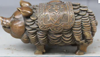 

16CM Chinese Folk Bronze Zodiac Year Wealth Money Coins Pig Hog Animal Statue