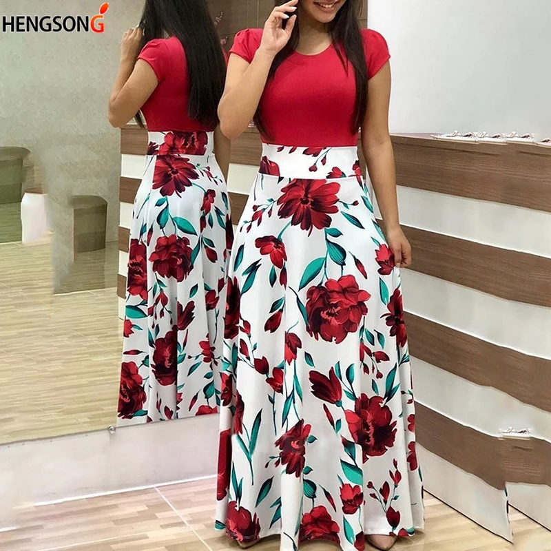 

Summer Floral Print Patchwork Long Dress Women O Neck Short Sleeve Sexy Party Vestido Female Casual Beach Sundress
