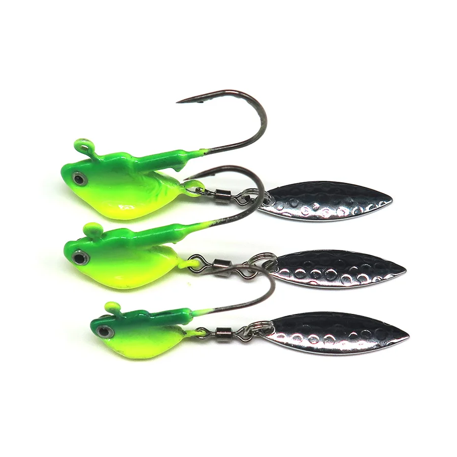 

3Pcs/Lot green jig head Spinner Bait with very sharp fishing hook Spoon lure shining metal tail lead head fishing lure