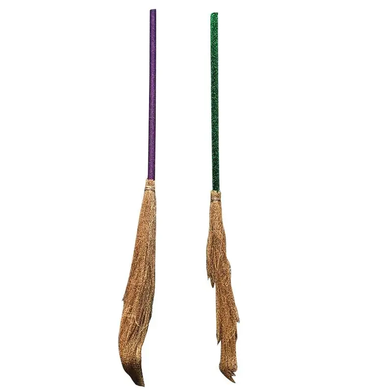 2Pcs Extendable Witch Broom Halloween Costume Straw Broom Wizard