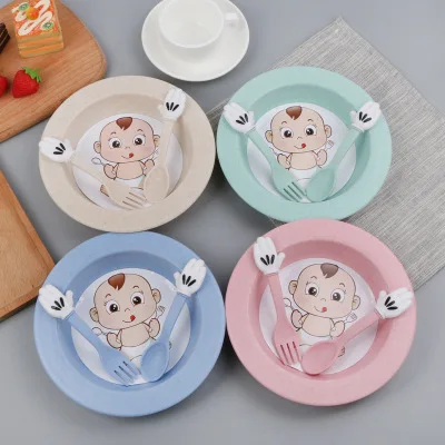 

Practical children's tableware, wheat straw, cartoon, Scandinavian tableware, children bowl spoon fork, three sets
