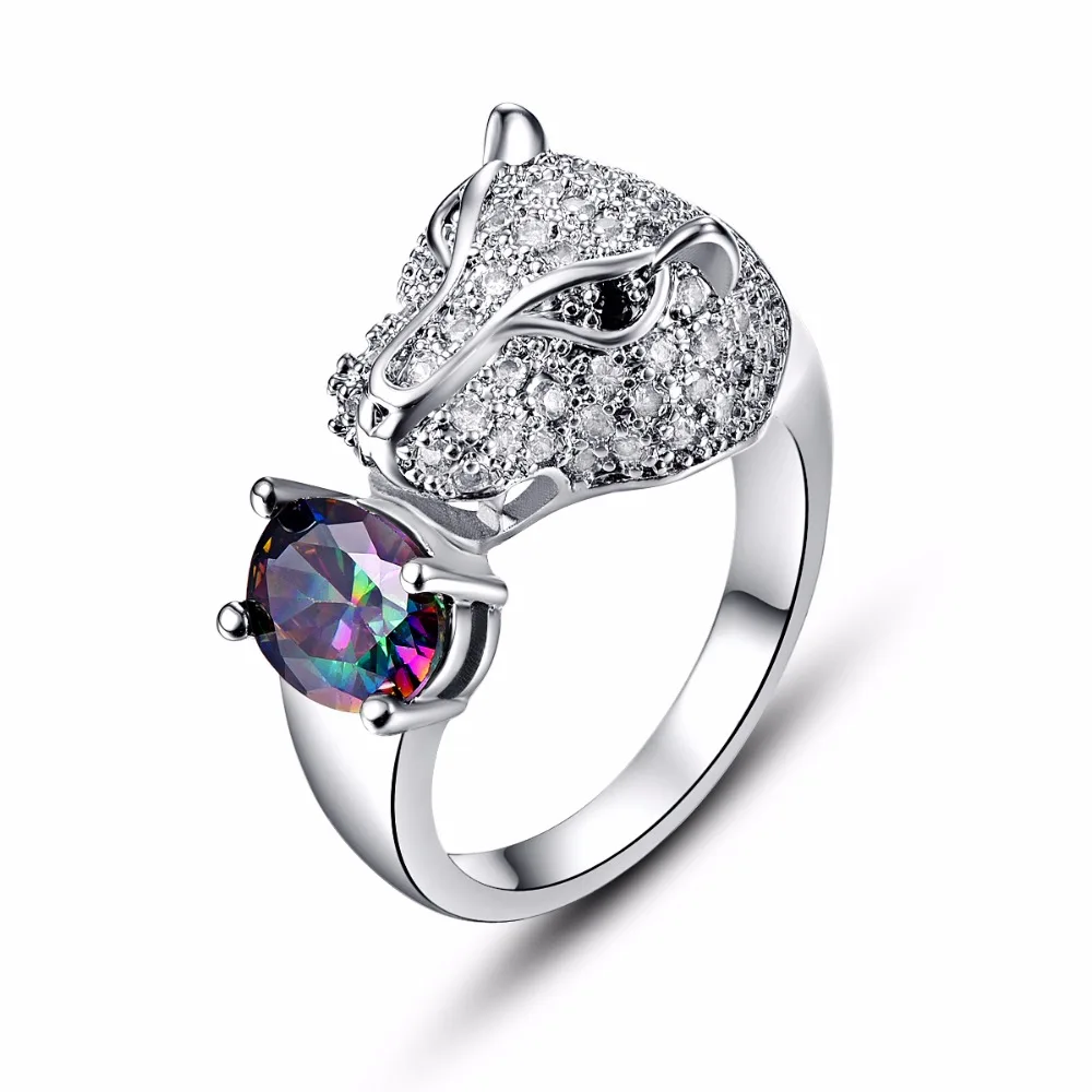 Top Quality Leopard Head Rainbow Crystal Rings Set CZ Silver Ring For