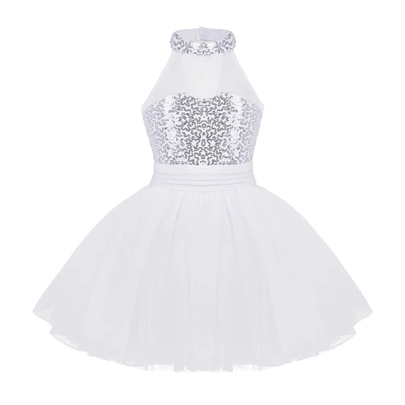 Kids Girls Mock Neck Ballet Dance Dress Gymnastic Leotard Shiny Sequins Sleeveless Mesh Splice Ballet Leotard Flower Girls Dress - Цвет: White