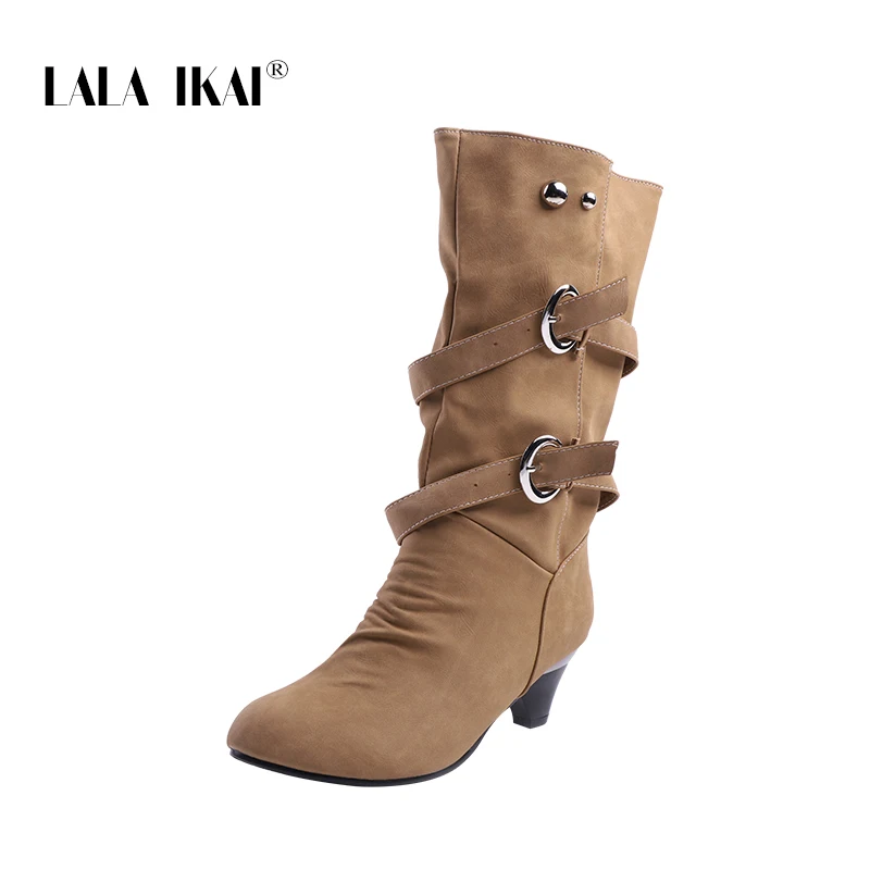 

LALA IKAI Winter Boots Women Warm Mid-calf Slip-On Buckle Plush Pointed Toe Pleated Design High Heel Boots 014C2982 -4