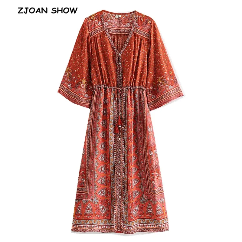 

2019 BOHO Red Location Paisley Floral Print Dress Ethnic Woman Lacing up Waist Single-breasted Button Long Dresses Beach Vestido