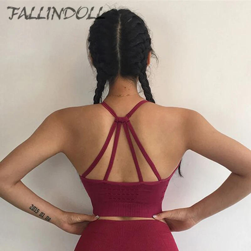 

FALLINDOLL Women Gym Bra Hollow Out High Impact Yoga Bra 2018 Solid Workout Tops Fitness Running Brassiere Sport Bra