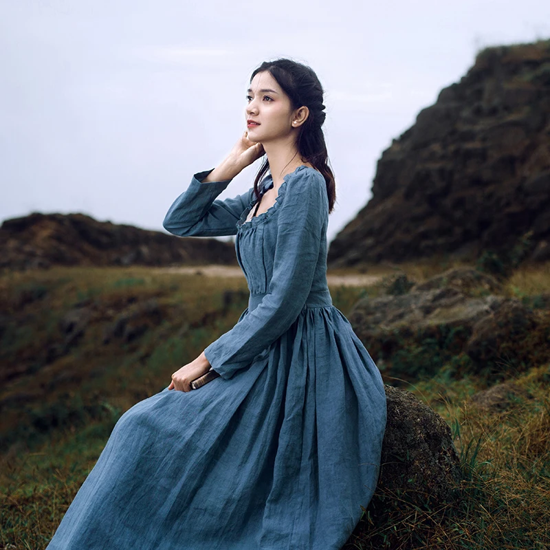 

LYNETTE'S CHINOISERIE Spring Autumn Original Design Women French Elegant Vintage Slim Square Collar Linen Dresses