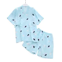 100% хлопок свежие синие пижамы женские Шорты пижамные комплекты японские повседневные короткие кимоно с рукавами халаты комплекты Женская